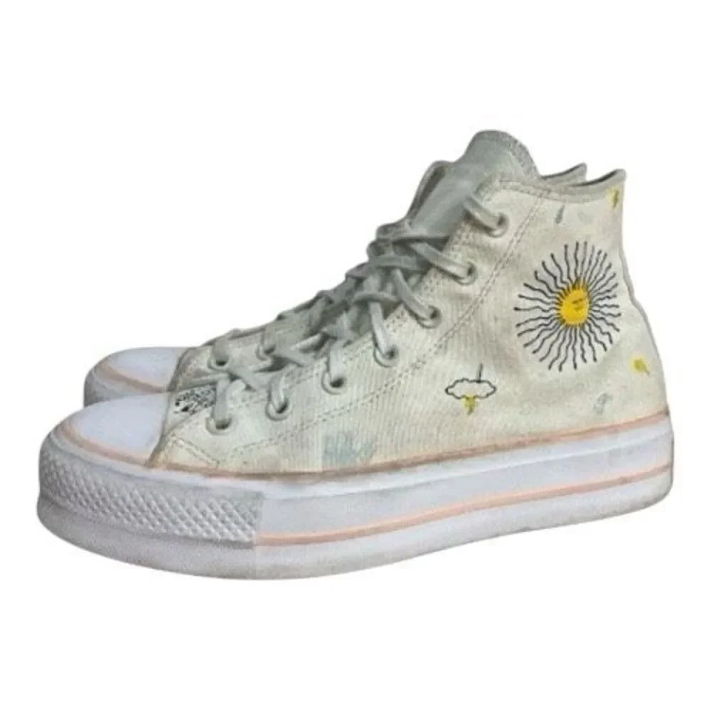 Converse Chuck Taylor All Star Lift High White Sun & Cloud Embroidered Shoes 9